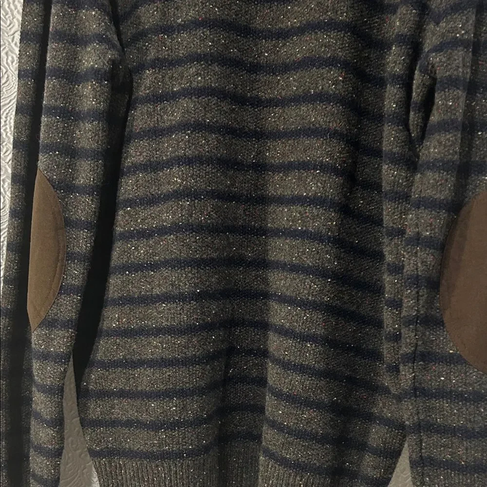 J. Crew Dark Striped Lambswool Crewneck Sweater with Elbow Patches